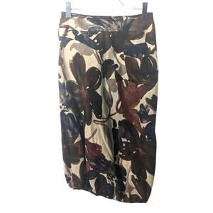 Krizia Vintage Y2K  Midi Skirt Linen Brown Floral Elastic Bubble Hem Size 40